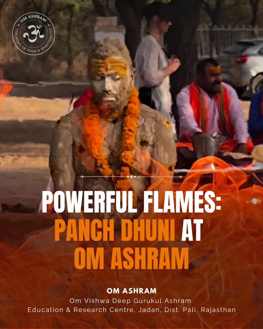 Param Pujya Swami Avatar Puri Ji Maharaj is meditating motionless surrounded by five fires.